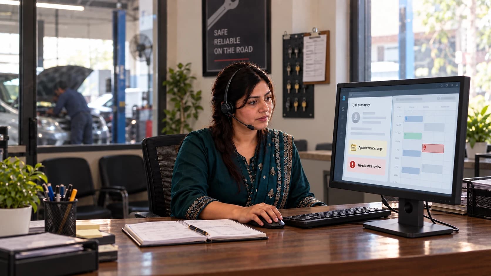 Receptionist at a repair business reviews an appointment-change handoff on a monitor positioned within reach at her desk