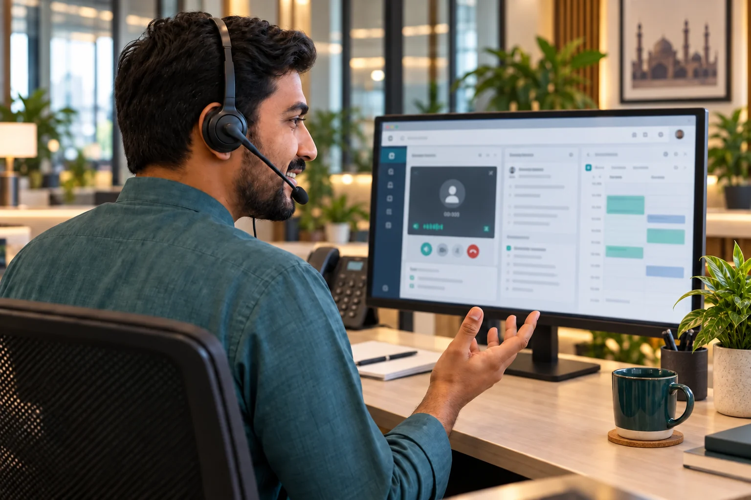 Pakistani receptionist continues a transferred call beside a realistic conceptual call record and schedule