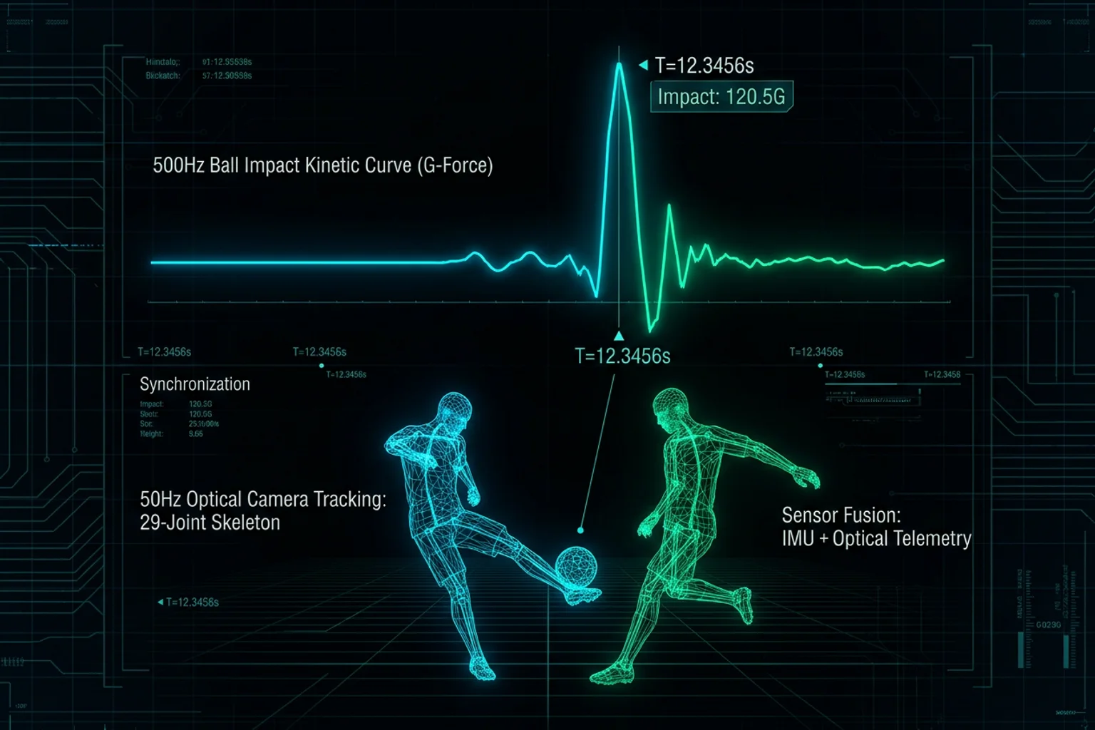 Sensor fusion telemetry diagram illustrating 500Hz ball sensor impact kinetic curve synchronized with 50Hz optical camera 29-joint skeletal tracking