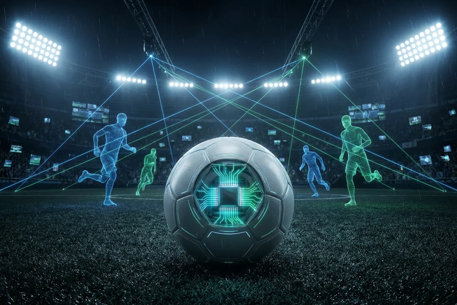 Conceptual illustration for Inside 2026 Football Telemetry: Fusing 500Hz Ball Sensors, 50Hz Skeletal Vision, and Multimodal LLMs