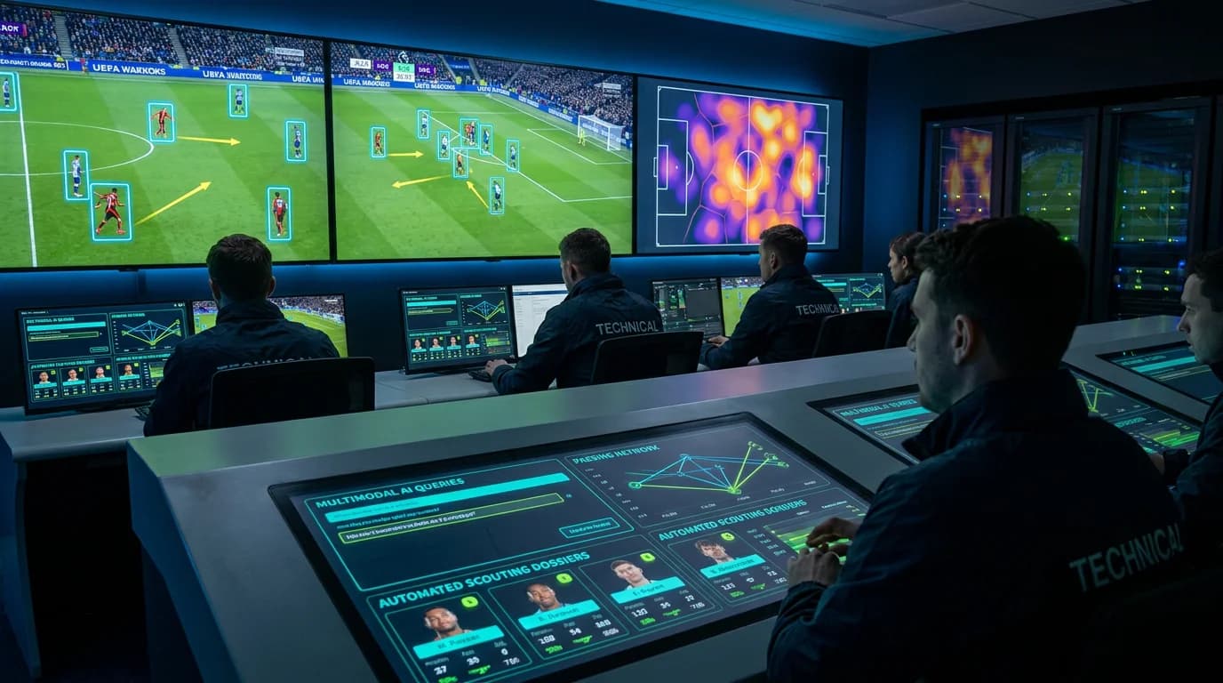 Conceptual illustration for The Tripartite Pitch: How Computer Vision, VLMs, and LLMs Are Modernizing Football Analytics for Elite Clubs