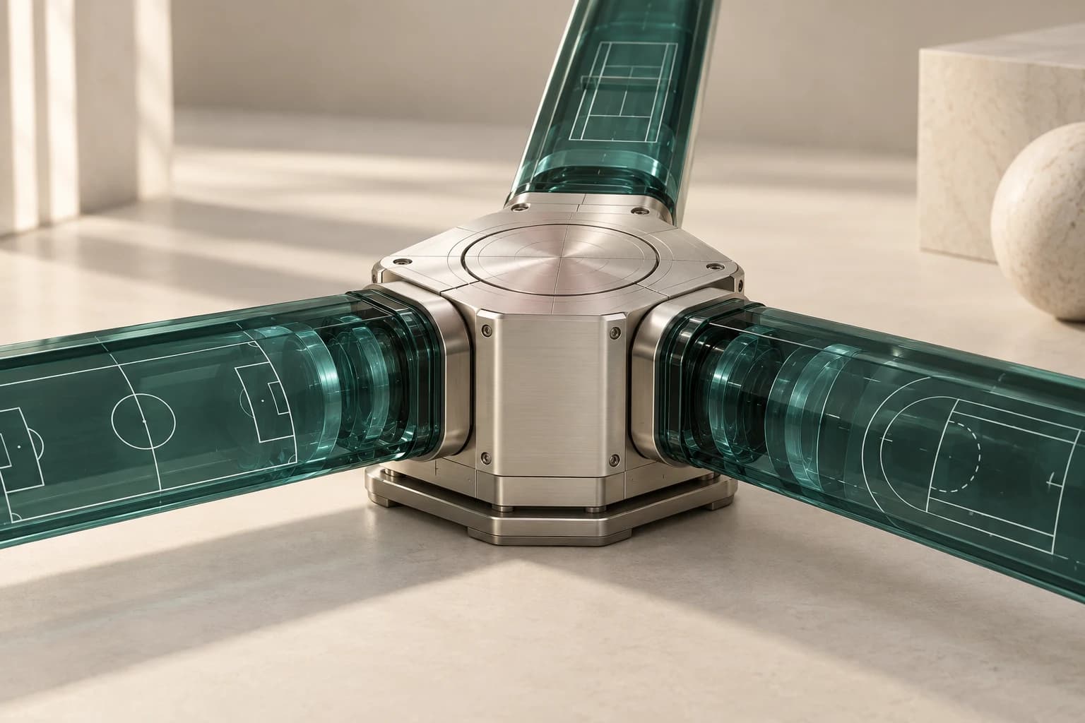 Translucent teal sports-camera channels marked with court geometry converge on a brushed-silver reasoning module.