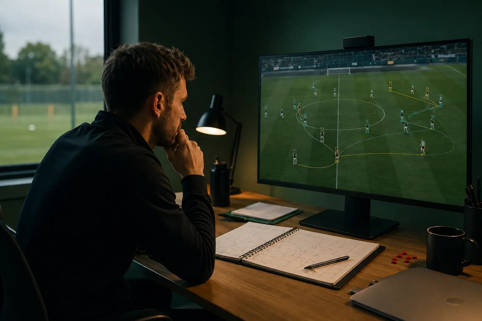 Football analyst reviewing a conceptual computer-vision tracking workflow