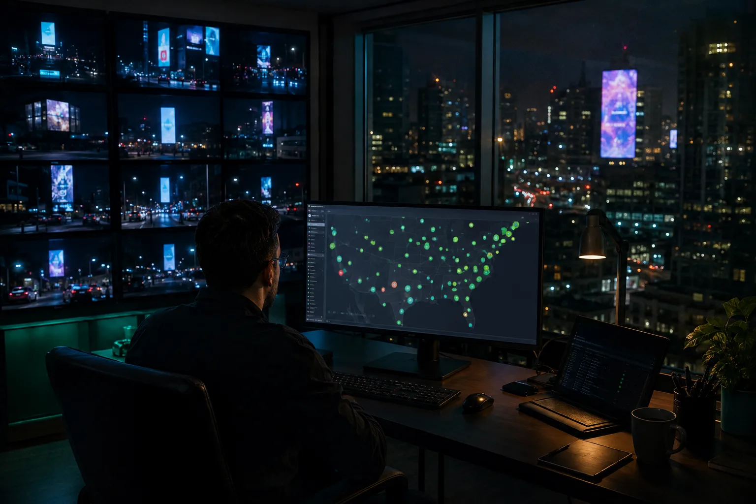 Operator managing a conceptual multi-location LED advertising network and audience insights