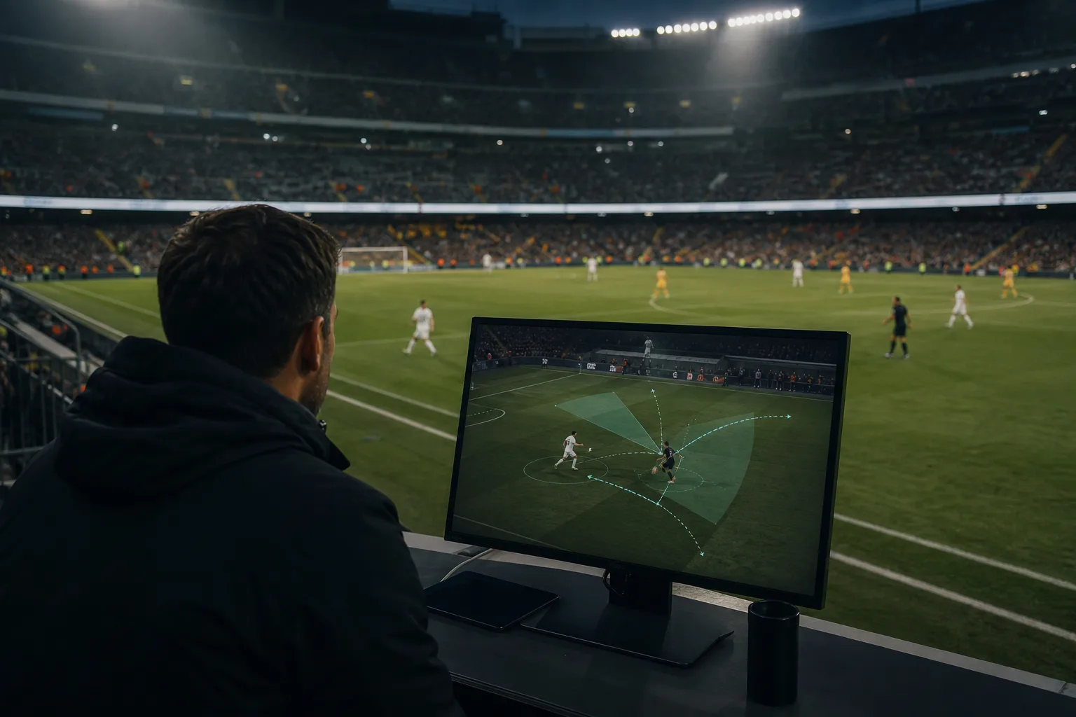 Football performance analyst reviewing conceptual match intelligence