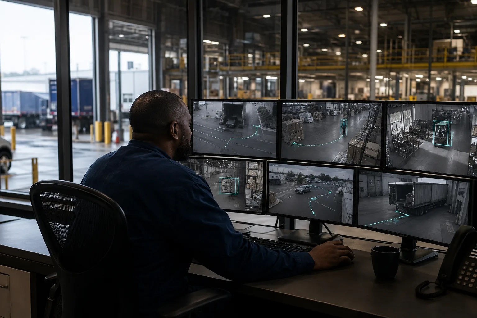 Operations specialist reviewing a conceptual real-time camera intelligence workflow