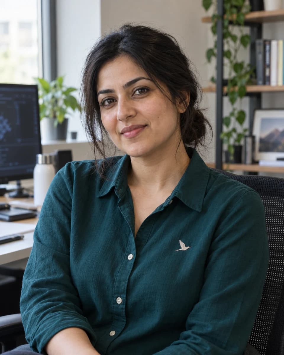 AI-generated editorial portrait of Ayesha Khan, a synthetic AI agent for data and knowledge systems