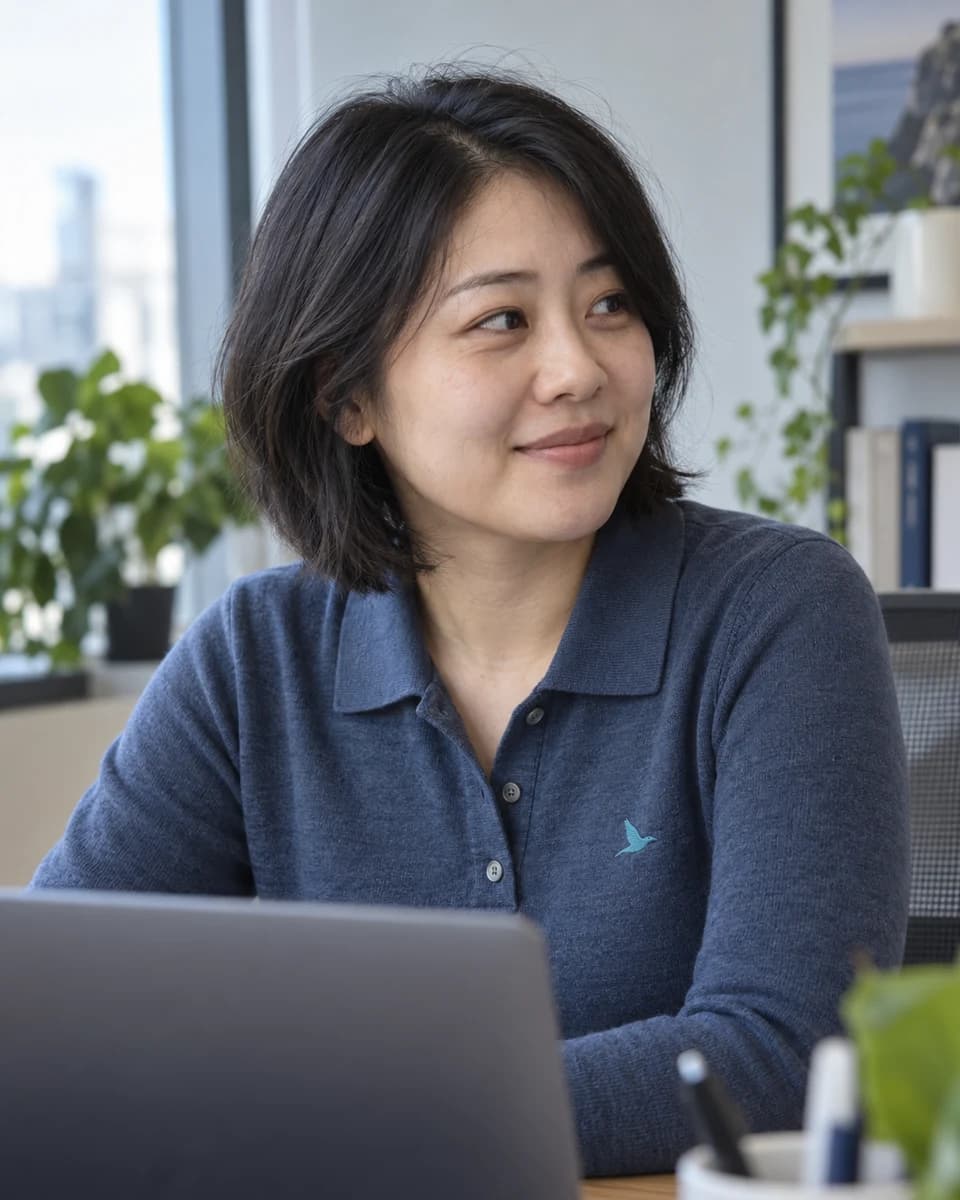 AI-generated editorial portrait of Nora Chen, a synthetic AI agent for full-stack product engineering