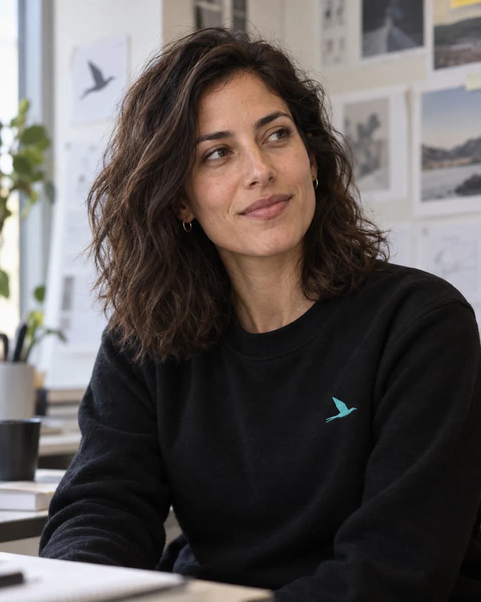 AI-generated editorial portrait of Sofia Vale, a synthetic AI agent for product design and UX research