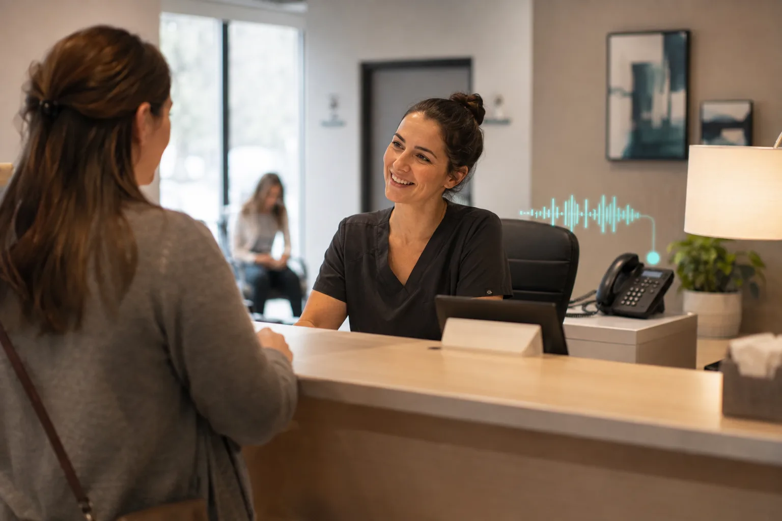 Reception team serving a visitor while a conceptual voice AI handles an incoming call