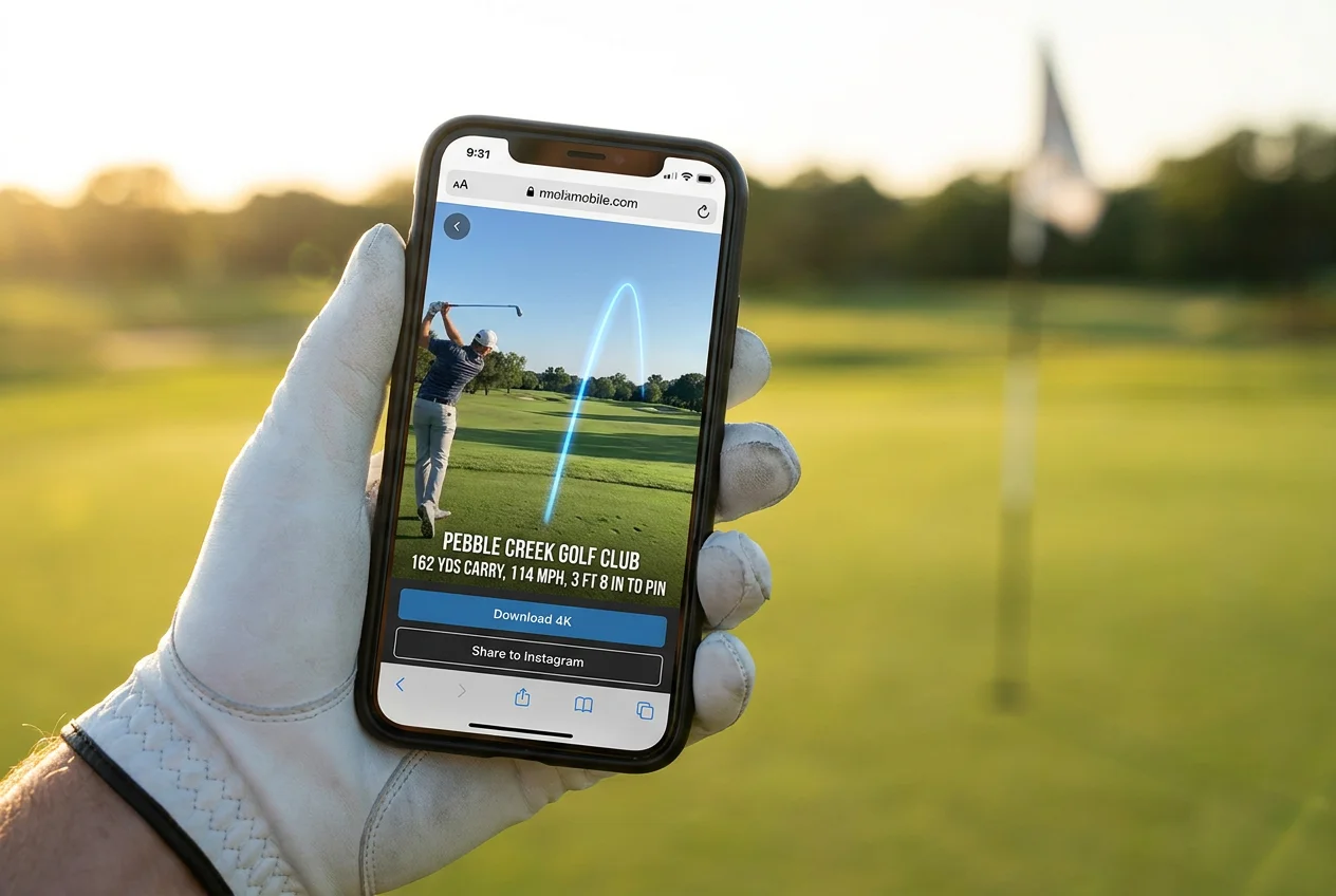 A golfer on the putting green holding a smartphone displaying an automated vertical highlight reel with ball tracer, course branding, telemetry overlay, and one-tap social sharing