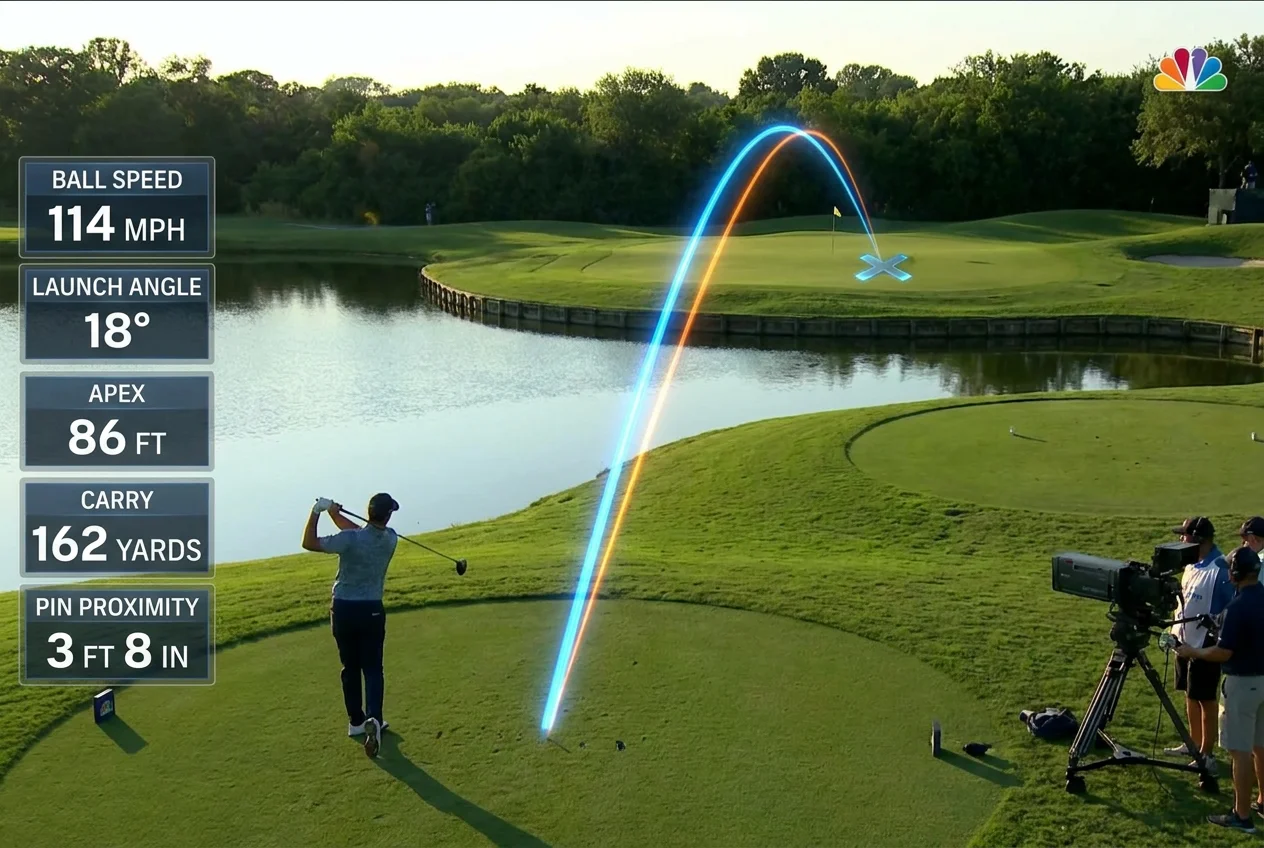 A broadcast sports computer vision view showing a vibrant glowing 3D trajectory tracer arc curving across the sky and water with telemetry for ball speed, apex, carry, and pin proximity