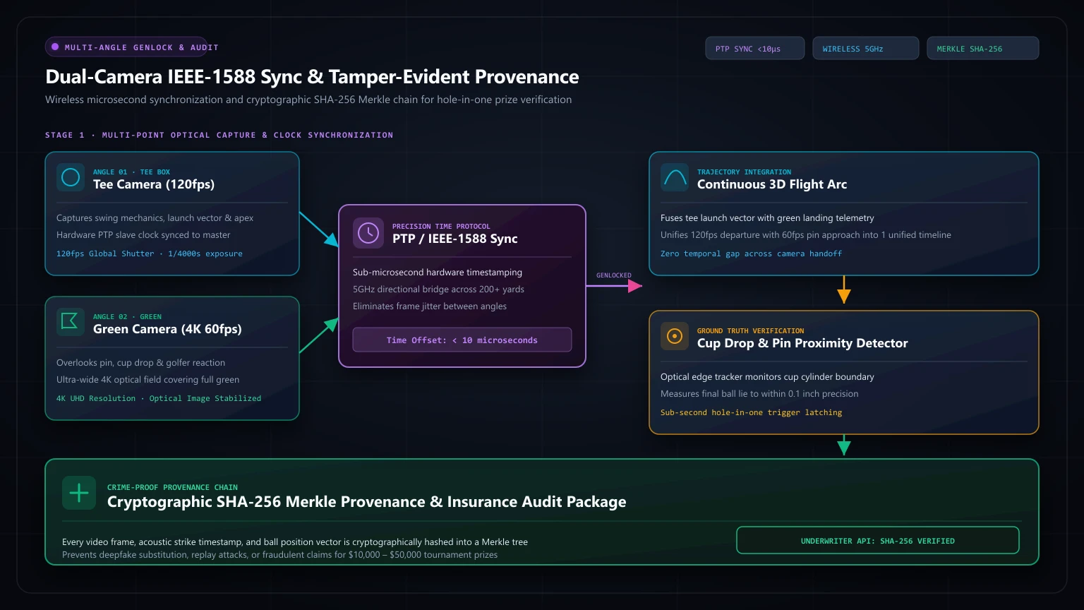 Dual-camera IEEE-1588 PTP genlock synchronization and cryptographic SHA-256 Merkle chain for verifiable hole-in-one insurance audit packages