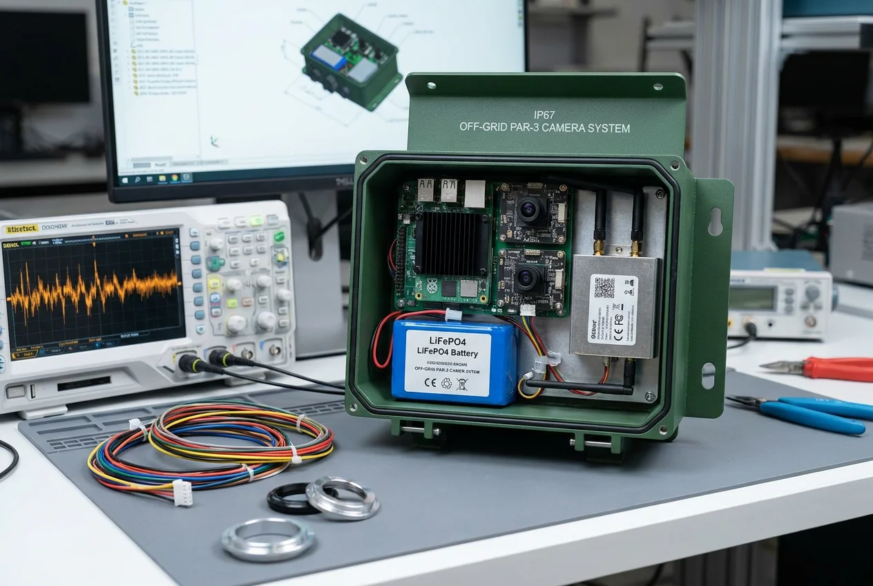 An opened IP67 weatherized powder-coated enclosure on an electronics bench displaying the edge AI compute module, dual camera sensors, LiFePO4 battery, and acoustic impact trigger oscilloscope waveform