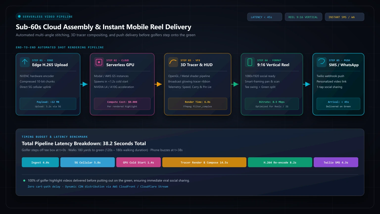 Sub-60s serverless cloud video assembly, GPU worker compositing, 3D tracer ribbon rendering, and instant mobile push notification delivery