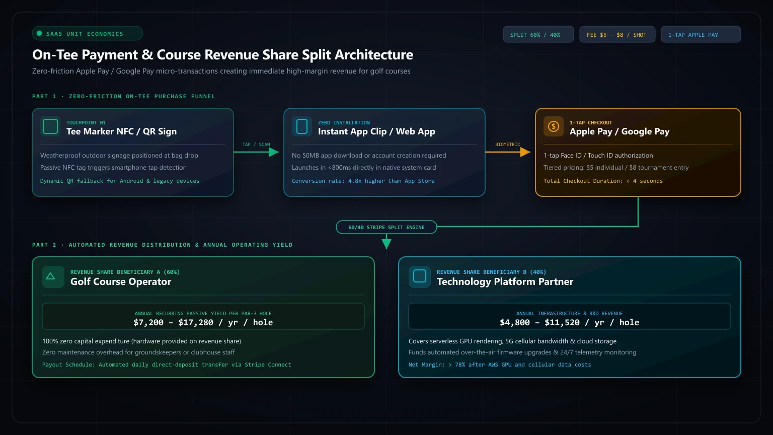 Frictionless on-tee payment funnel and 60-40 recurring revenue distribution model between golf courses and technology platform partners