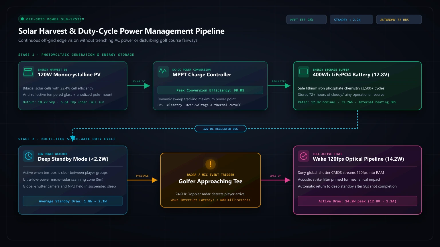 Off-grid solar harvest and multi-tier sleep-wake duty cycle power management pipeline: 120W PV panel, MPPT charge controller, 400Wh LiFePO4 battery, and radar-gated wake circuitry