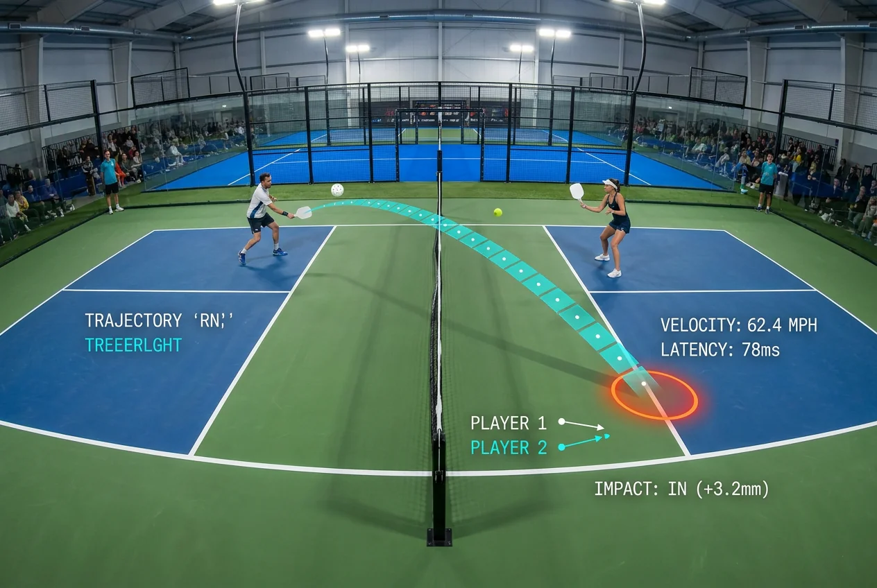 Computer vision trajectory analysis showing parabolic 3D ball arc, 62.4 mph velocity telemetry, and millimeter baseline impact margin