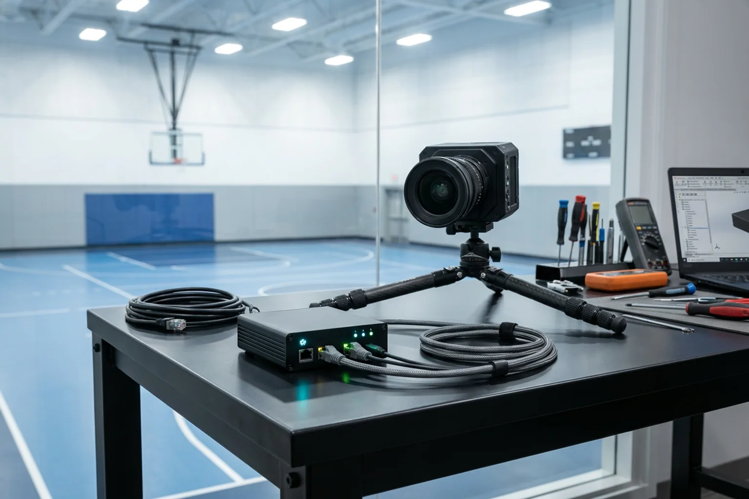 Edge computing sports analytics bench with an aluminum processing enclosure, industrial Ethernet, and high-speed camera overlooking an indoor court