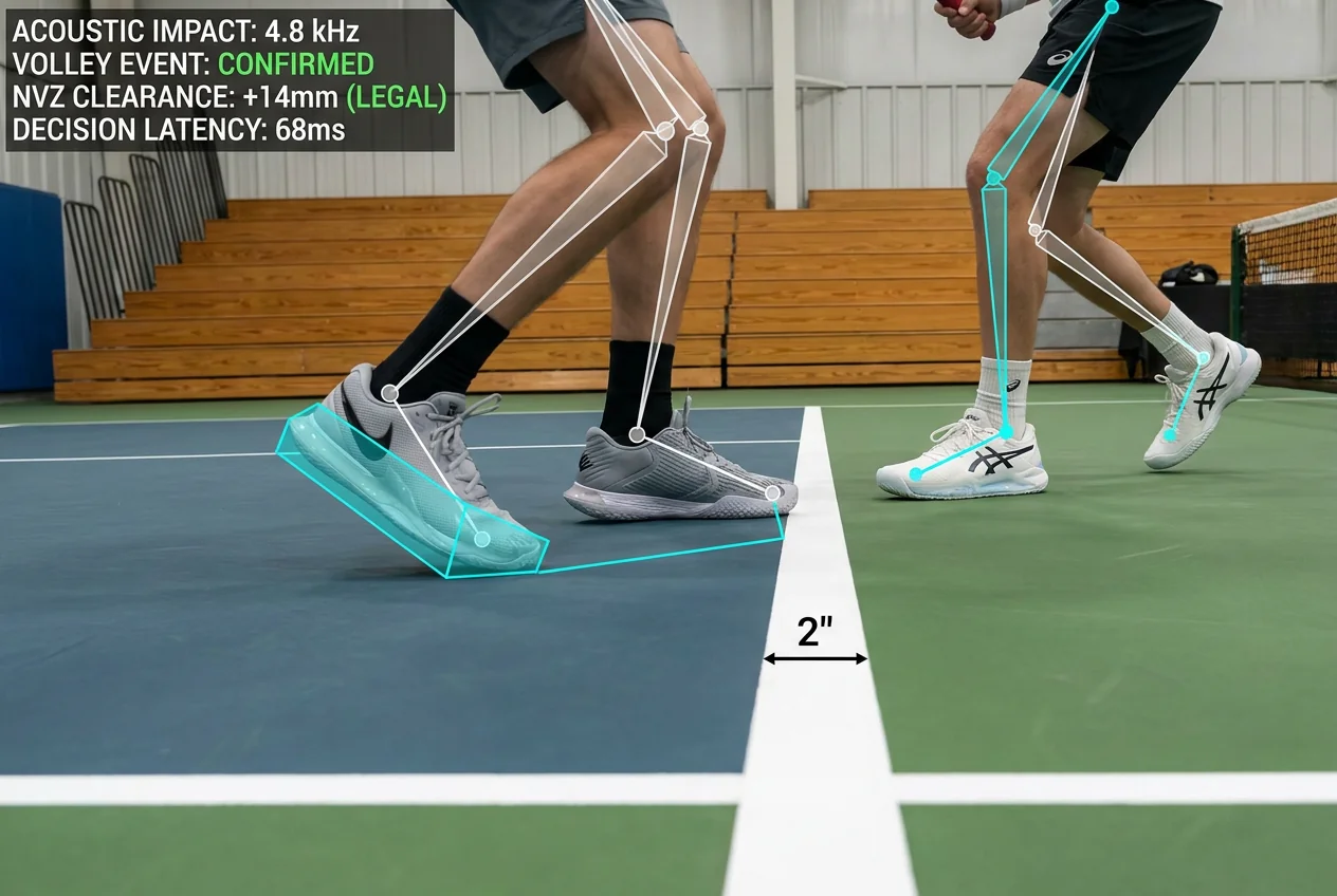 Ground-level computer vision pose estimation showing skeletal joint tracking, shoe bounding polygon, and acoustic impact sync at the kitchen line
